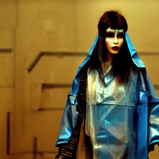 Image similar to cinematic portrait of a runaway replicant with tribal facepaint and a blue transparent plastic raincoat in an empty room, still from the movie bladerunner, fashion photography