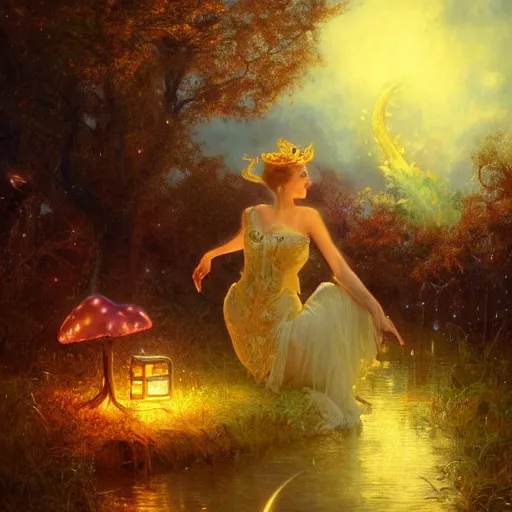 Image similar to attractive, fairy, woman, in the night, fantasy, crescent moon in background, luminous, toadstools, fireflies, fantasy, mist, highly detailed painting by gaston bussiere, craig mullins, j. c. leyendecker, mid shot, 8 k realistic, sharp focus