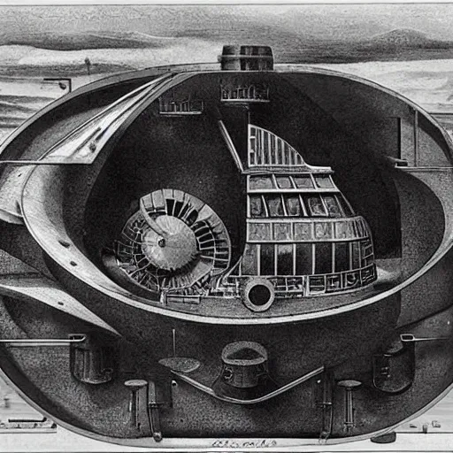 Image similar to cross section of a mechanical steam powered submarine made from sandstone