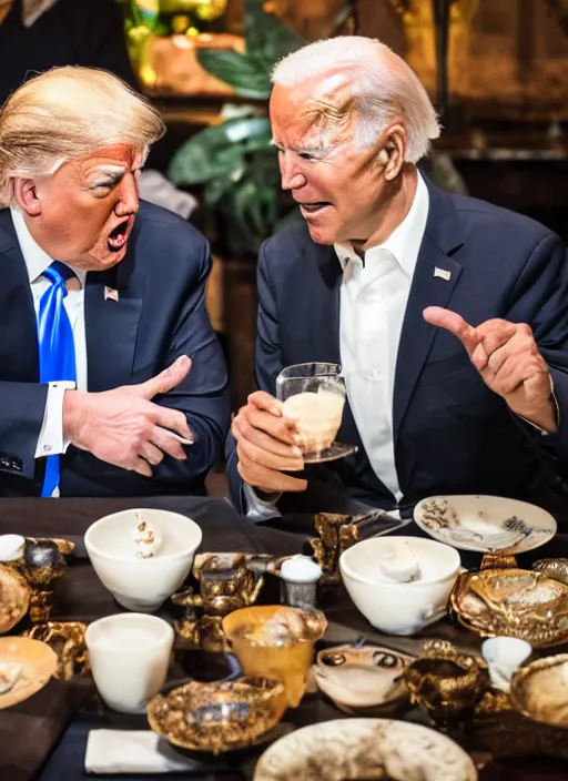 Image similar to Trump and Biden having dinner at a fancy Balinese restaurant, award winning photography, 85mm, perfect faces