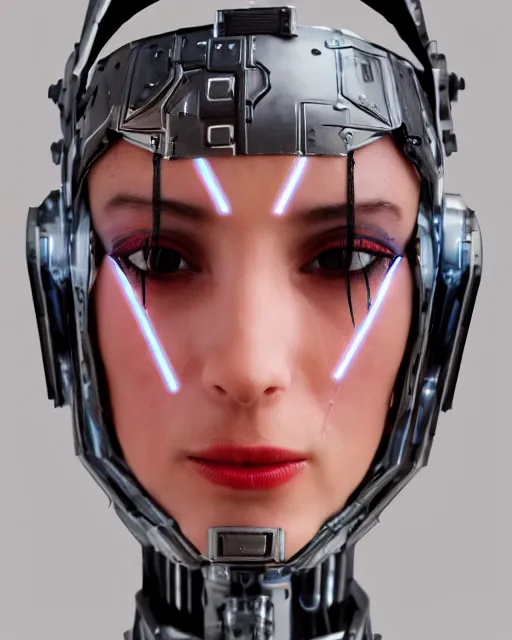 Prompt: photo of female dancer as a cyberpunk mecha humanoid robotic head shoulder parts with straight bright led lights, under heavy rain, wet skin with water dripping down face, ultra - realistic and detailed, 8 k