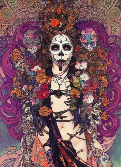 Image similar to cute punk goth fashion fractal Día de los Muertos tattooed blonde girl posing, psychedelic poster art of by Victor Moscoso Rick Griffin Alphonse Mucha Gustav Klimt Ayami Kojima Amano Charlie Bowater, masterpiece