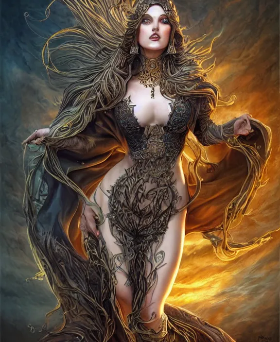 Image similar to a highly detailed symmetrical full body shot painting of a sorceress with piercing beautiful eyes, spring tundra setting, dynamic lighting, ambient lighting, deviantart, art by mark brooks and artgerm and karol bak