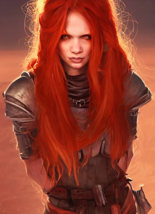 Image similar to Redhead girl which chest wrapped in bandages in desert, portrait, fantasy, medieval, vivid colors, fantasy, elegant, concept art, sharp focus, beautiful face, digital art, Hyper-realistic, 4K, Unreal Engine, Highly Detailed, HD, Dramatic Lighting by Brom, trending on Artstation