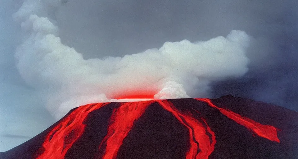 Image similar to a volcano made of ivory vines and crimson rocks enters in eruption, it spits a smoke in the shape of demonic eye, by Gottfried Helnwein