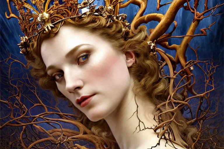 Prompt: a woman with a crown of twisted branches, fantasy, intricate, elegant, dramatic lighting, emotionally evoking symbolic metaphor, highly detailed, lifelike, photorealistic, digital painting, artstation, concept art, smooth, sharp focus, illustration, art by John Collier and Albert Aublet and Krenz Cushart and Artem Demura and Alphonse Mucha