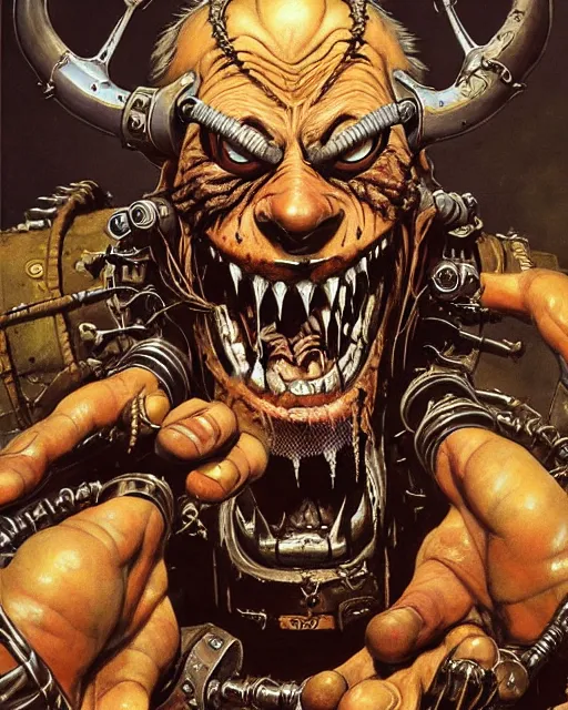 Image similar to junkrat from overwatch, heavey metal magazine cover, character portrait, portrait, close up, concept art, intricate details, highly detailed, in the style of frank frazetta, r. giger, esteban maroto, richard corben, pepe moreno, matt howarth, stefano tamburini, tanino liberatore, luis royo and alex ebel