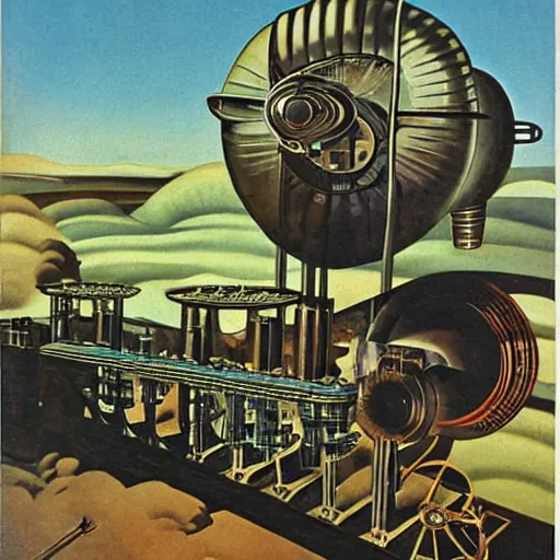 Prompt: 1950 magazine cut out collage of steam punk machinery terraforming Jupiter, oil painting by Charles Sheeler