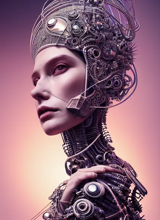 Prompt: portrait of an absurdly beautiful, graceful, sophisticated, fashionable cyberpunk mechanoid, hyperdetailed illustration by irakli nadar and vania zouravliov, matt wisniewski style, intricate linework, mother of pearl porcelain skin, faberge headdress, unreal engine 5 highly rendered, global illumination, radiant light, detailed and intricate environment