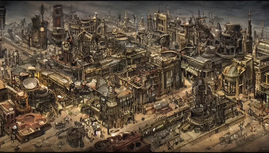 Prompt: a modern steampunk city from 1900, an anachronistic city with various objects that are out of place - H 1000