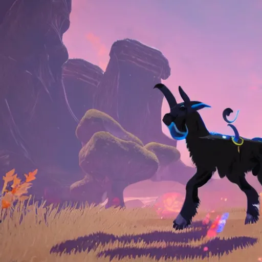 Image similar to a humanoid black goat wizard in breath of the wild, screenshot