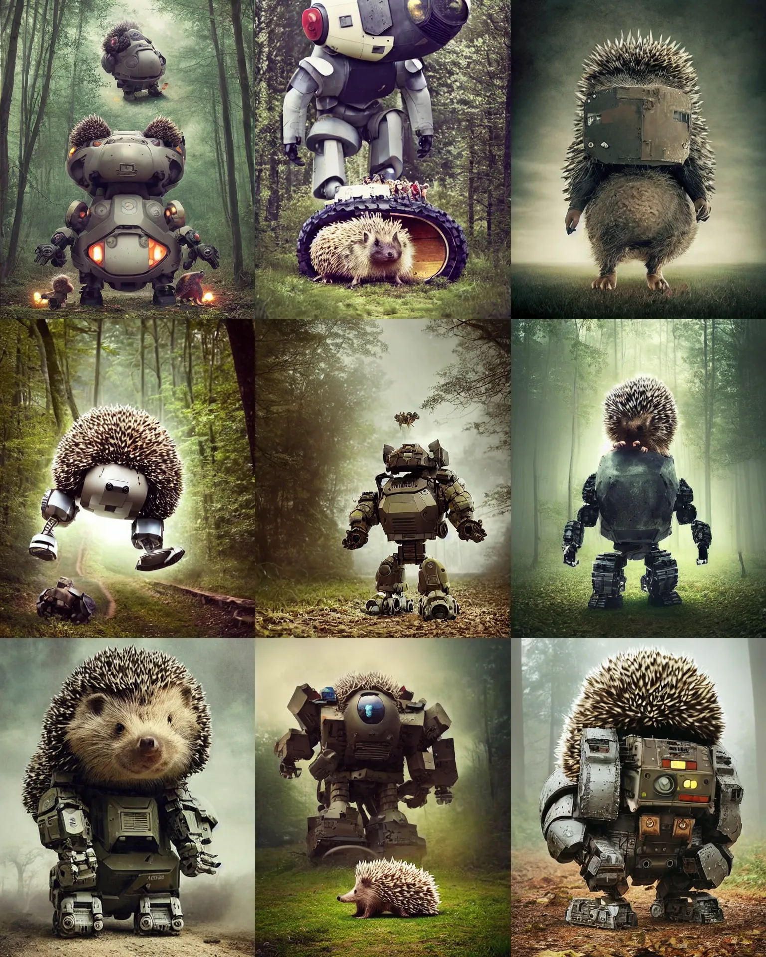 Prompt: giant oversized battle hedgehog robot wacky chubby war mech with giant oversized hair ,battle armor,and hedgehog babies ,on forest path , full body , Cinematic focus, Polaroid photo, vintage , neutral dull colors, foggy , by oleg oprisco , by thomas peschak, by discovery channel, by victor enrich , by gregory crewdson