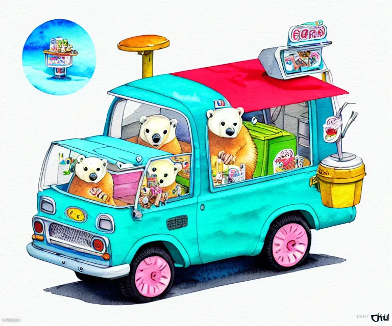 Prompt: cute and funny, polar bear riding in a tiny ice cream truck, ratfink style by ed roth, centered award winning watercolor pen illustration, isometric illustration by chihiro iwasaki, edited by craola, tiny details by artgerm and watercolor girl, symmetrically isometrically centered