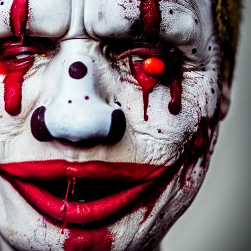 Image similar to semi close up on an expressionless clown with blood splattered on his face, muted tones, slightly out of focus, found footage