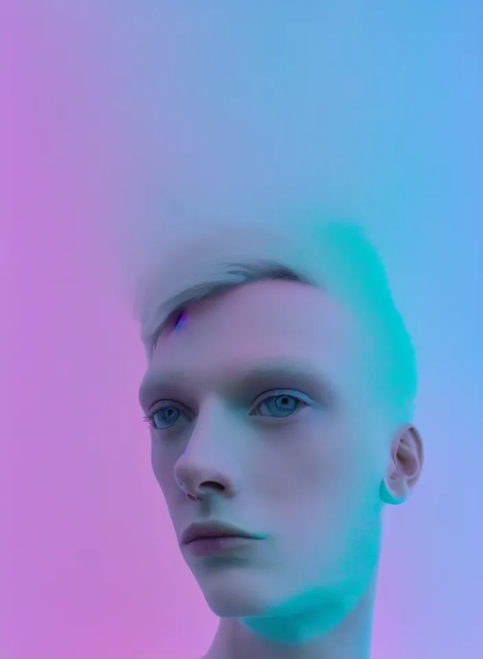Prompt: high quality pastel coloured film wide angle close up selfie photograph of an androgynous cyber model standing in an icelandic black rock environment. three point light. photographic. art directed. pastel colours. volumetric light. stark. waves glitch. 8 k. filmic.