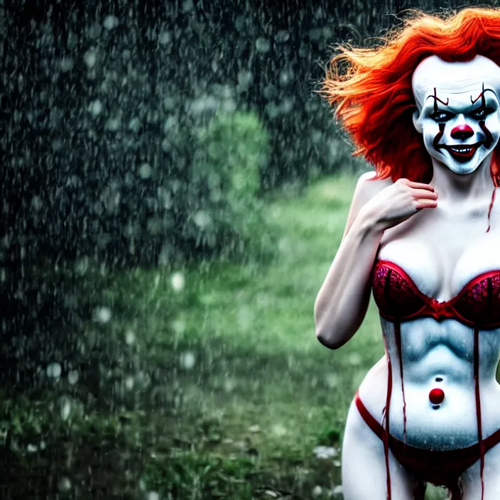 Image similar to fully body pose, photo of a very beautiful!! victoria secret model, pennywise, wet hair, raining, 8 k, hdr, smooth, sharp focus, high resolution, award - winning photo, trending on artstation, dslr, 5 0 mm