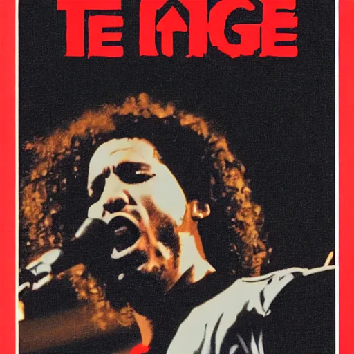 Prompt: Rage Against the Machine, live in concert 1994, Zack de la Rocha, Tom Morello, alternative metal, 1994 VHS quality