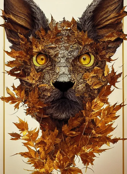 Image similar to golden leaves at frame border, creative!!! composition for a book cover, absurdly beautiful, ultrafine hyperrealistic detailed animal face by wlop and artgerm and greg rutkowski, intricate linework, sharp focus, smooth, octopath traveler, final fantasy, unreal engine, dramatic lighting, ethereal, 8 k