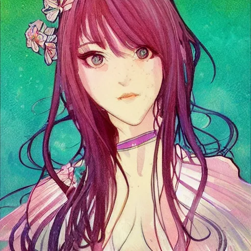 Prompt: a watercolor frontal portrait of saweetie in anime style as a magical girl elegant, delicate, soft lines, higly detailed, smooth , pixiv art, ArtStation, pink hue, artgem, art by alphonse mucha charles reid mary cassatt and shirow masamune, high quality