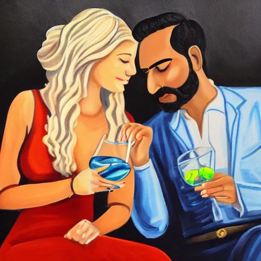 Prompt: painting of indian guy and blonde swedish girl drinking gin and tonics on the couch