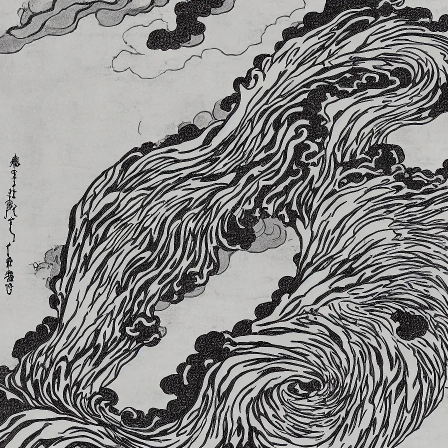 Prompt: japanese black and white lineart of an erupting volcano, hokusai style