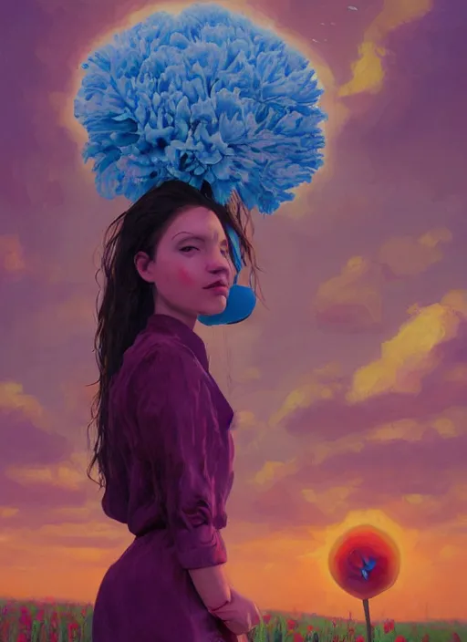 Image similar to portrait of a woman with a giant carnation as a face, flower field, surreal photography, sunset dramatic light, impressionist painting, colorful clouds, blue sky, digital painting, artstation, simon stalenhag