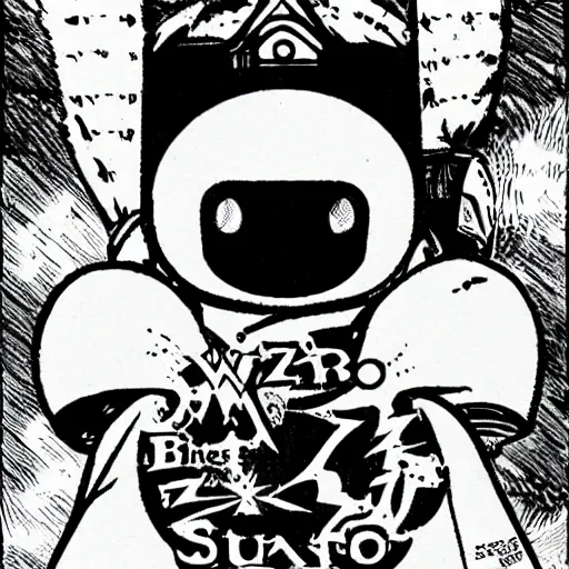 Image similar to wizard, illustrated by mato and ken sugimori, manga, black and white illustration