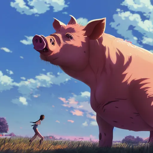 Prompt: giant pig eating everybody, highly detailed, 4k resolution, lighting, anime scenery by Makoto shinkai