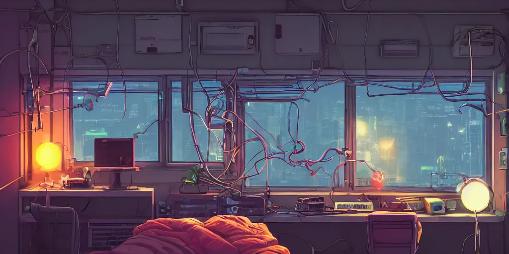 Prompt: cozy 9 0 s bedroom retrofuturism, cluttered, wires everywhere, computer, window, at night, lit only by the luminescent computer screen, cyberpunk city, dramatic lighting, alien technology, detailed by simon stalenhag