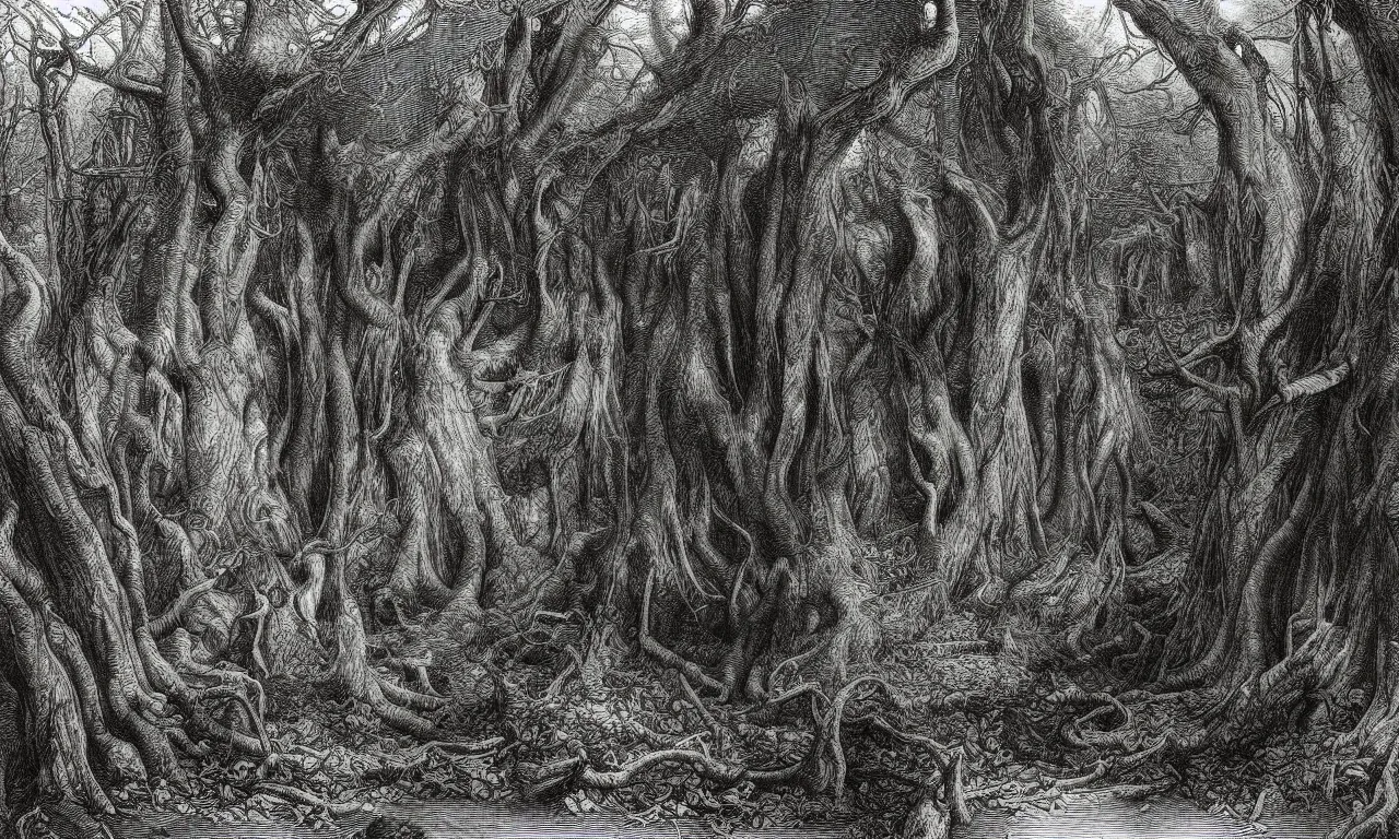 Prompt: an engraving of the interior of a dark forest, wistman's wood by gustave dore, ian miller, highly detailed, storybook illustration, lithograph engraving