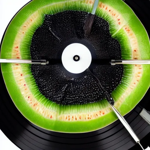 Prompt: vinyl turntable with vinyl record in shape of huge kiwi fruit, 4 k, optical illusion, unreal render, hyperrealistic textures, product shot, top view