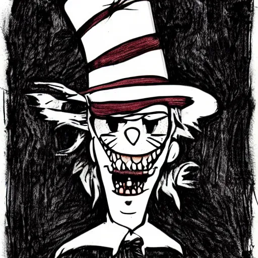 Prompt: grunge drawing of the cat in the hat by - rick and morty , loony toons style, horror themed, detailed, elegant, intricate
