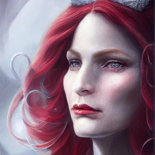 Image similar to a detailed matte head - on portrait painting of an middle - aged tiefling elegant and distinguished noblewoman with golden eyes and short long flowing red hair, by charlie bowater, lise deharme, wlop, tending on arstation, dungeons and dragon, dnd, pathfinder, fanart, oil on canvas