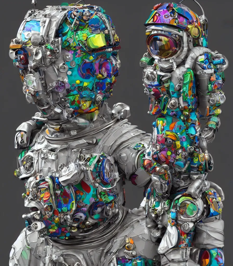 Image similar to hyper-maximalist overdetailed 3d sculpture of an astronaut by clogtwo and ben ridgway inspired by beastwreckstuff chris dyer and jimbo phillips. 3d infused retrofuturist style. Hyperdetailed high resolution. Highquality ender by binx.ly. Dreamlike surreal polished render by machine.delusions. Sharp focus.