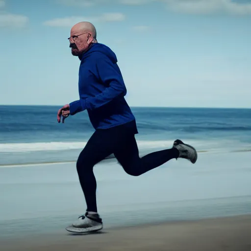 Image similar to Walter White running on the beach, artistic, 8k, cinematic, accurate, symetric, face, dramatic lighting, pastel colours