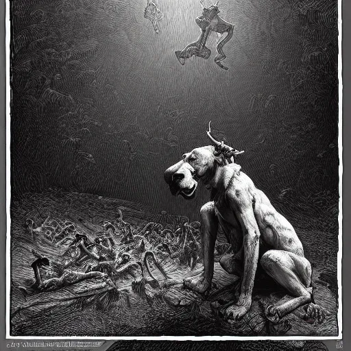 Prompt: demonic scooby in the style of michael whelan and gustave dore. hyperdetailed photorealism by greg rutkowski, 1 0 8 megapixels, cinematic lighting