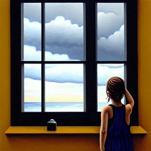 Image similar to a girl pensively looking out the window where a stormy clouds above a tumultuous sea, painting by jeffrey smith