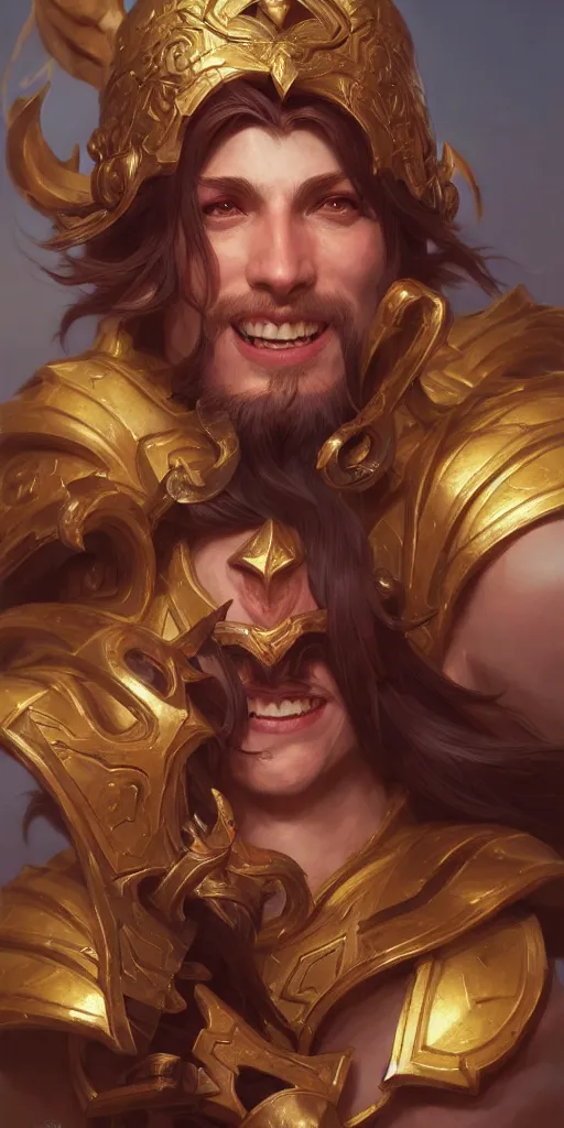 Prompt: portrait of a warrior smiling upon victory, league of legends, intricate, highly detailed, digital painting, hyperrealistic, artstation, concept art, smooth, sharp focus, illustration, Unreal Engine 5, 8K, art by artgerm and greg rutkowski and alphonse mucha, by Jesper Ejsing