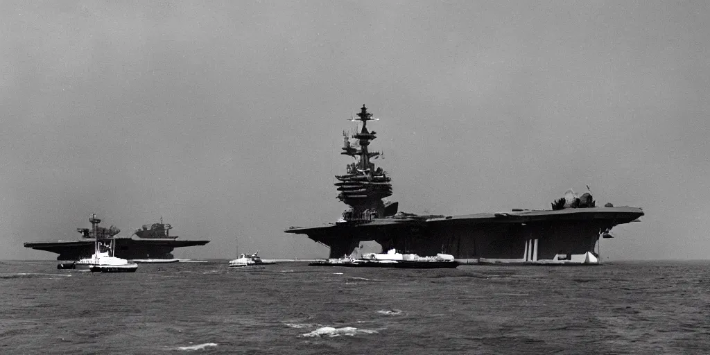 Prompt: a black monolith floats in the sky above an aircraft carrier 1 9 5 0, archive photo