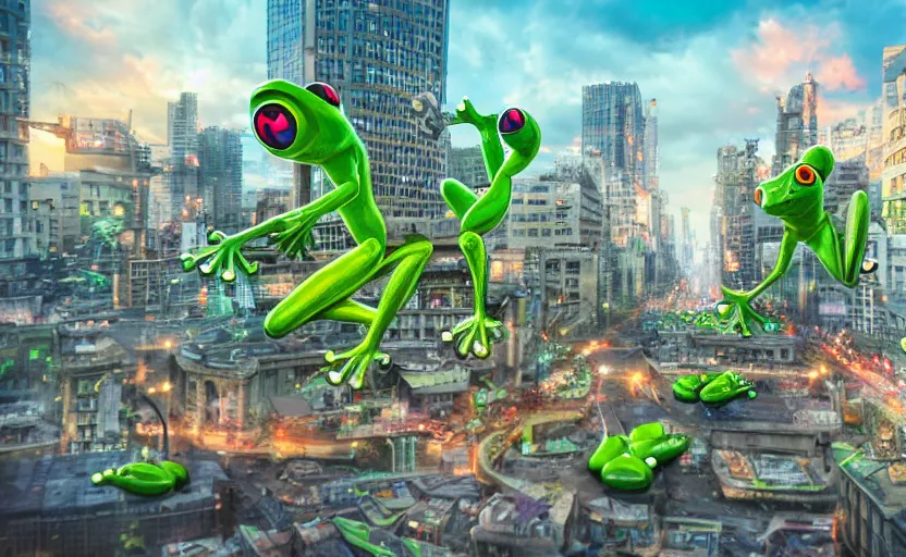 Image similar to kawaii frog destroying city, highly detailed, extremely high quality, hd, 4 k, 8 k, professional photographer, 4 0 mp, lifelike, top - rated, award winning, cinematic, realistic, detailed lighting, detailed shadows, sharp, no blur, edited, corrected, trending