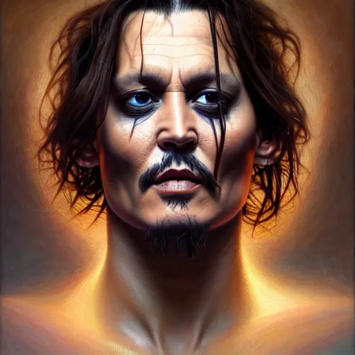 Prompt: johnny depp only torso and head, intricate, highly detailed, centered, digital painting, artstation, concept art, smooth, sharp focus, illustration, artgerm, tomasz alen kopera, peter mohrbacher, donato giancola, joseph christian leyendecker, wlop, boris vallejo