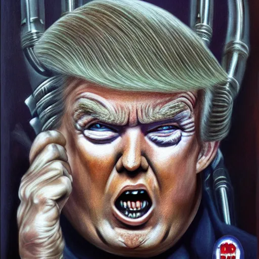 Image similar to h. r. giger donald trump painting, hyperdetailed, photorealistic, 4 k