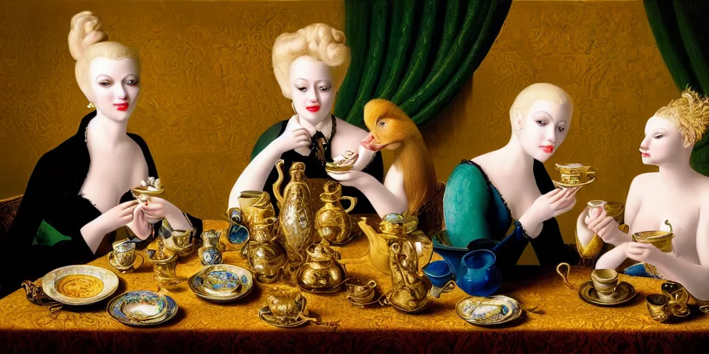 Image similar to a blonde and a mallard and a pig having tea at the ritz, abstract oil painting by gottfried helnwein pablo amaringo raqib shaw zeiss lens sharp focus high contrast chiaroscuro gold complex intricate bejeweled