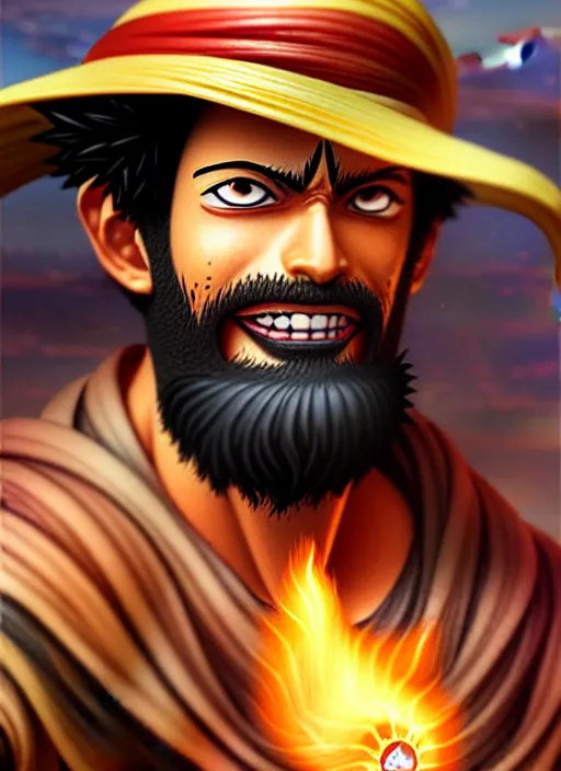 Image similar to luffy as _ fantasy _ style _ portrait _ painting _ of middle eastern male brown wavy hair beard, rpg dnd oil _ painting _ unreal _ 5 _ daz. _ rpg _ portrait _ extremely _ detailed _ artgerm _ greg _ rutkowski _ greg