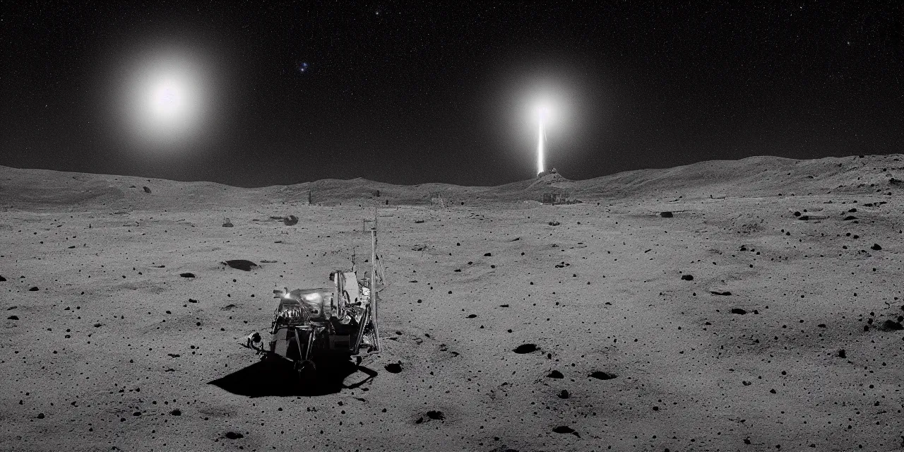 Image similar to 1 7 mm, black and white photo of a rocket landing on moon, black background with stars, cinematic film still, high contrast, astrophotography, 4 k