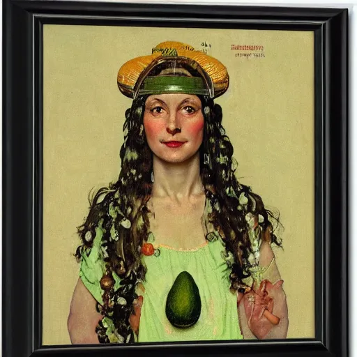 Image similar to frontal portrait of an avocado priestess, by norman rockwell