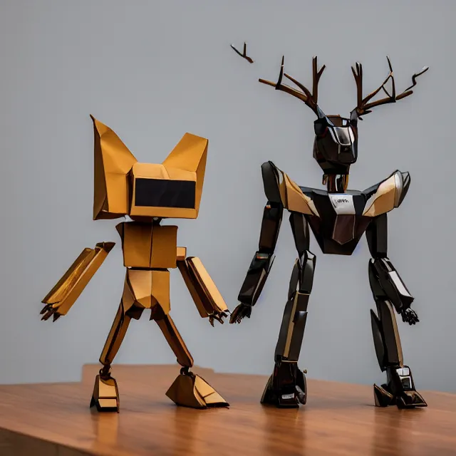 Image similar to a photograph of a deer origami and a humanoid robot mecha origami on top of a wooden table