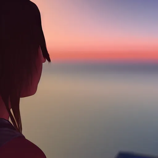 Prompt: max caulfield watching sunset on the sea, standing on a hill, realistic, cinematic