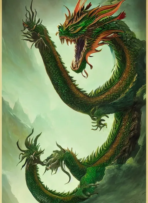 Image similar to a beautiful full - body green chinese dragon, wisdom, magical render in maya by peter mohrbacher and kentaro miura, artstation, 8 k ivan laliashvili, james gurney poster style