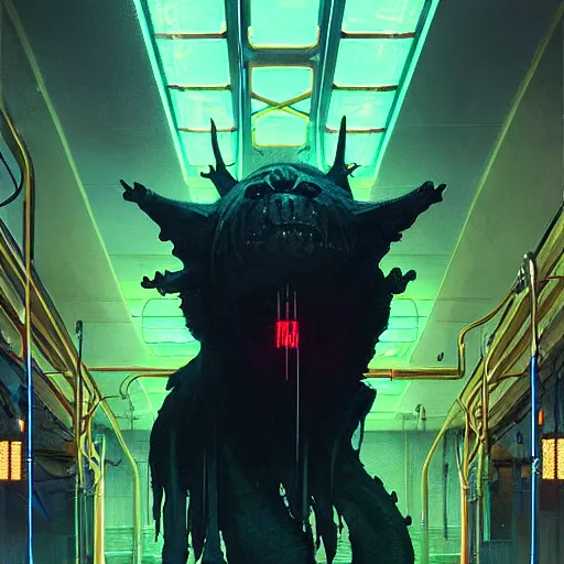 Image similar to menacing aggressive black creature made out of needles, archdemon, in a gas station, aggressive harsh fluorescent industrial green/blue lighting, extremely detailed digital matte painting buy Greg Rutkowski and Alphonse Mucha